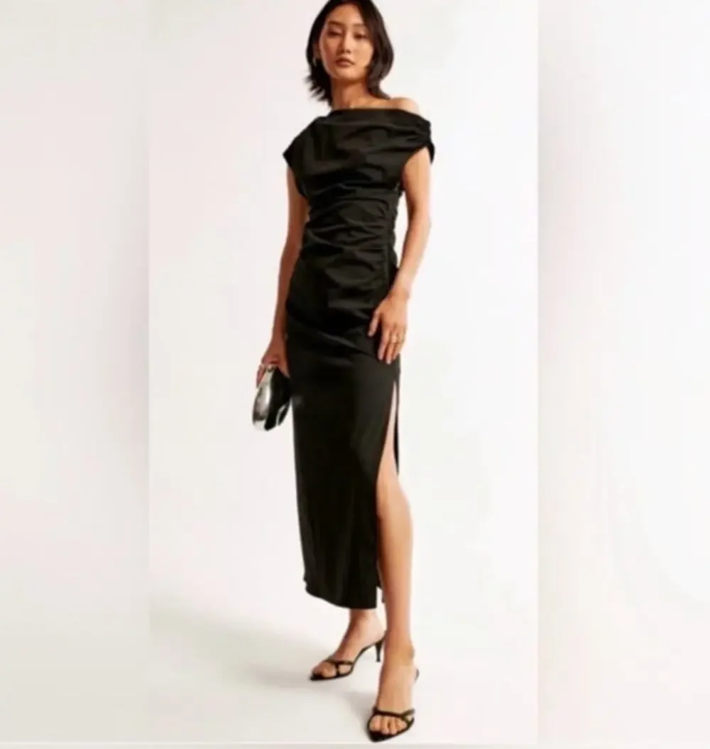 Abercrombie & Fitch Black Off Shoulder Draped Formal Midi Dress Size XL